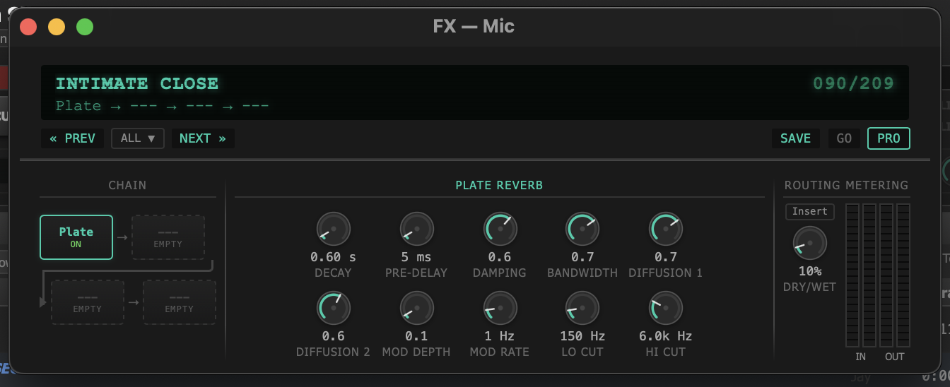 FX panel with Plate Reverb on Mic channel